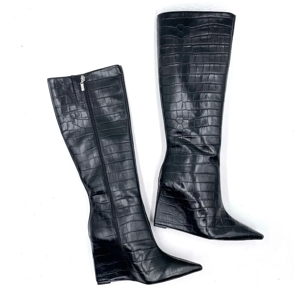 Schutz Asya Up Boots Black Croc Embossed Leather Knee High Wedge Sz 8.5‎ WIDE